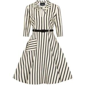 COLLECTIF Retro Darcey Ghost Black Stripe Swing Belted Dress in lvory 2